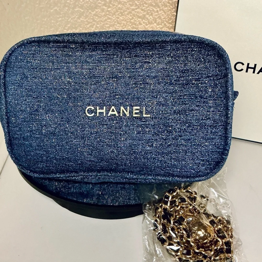 CHANEL Denim Blue Sparkle Pouch with Gold Accents